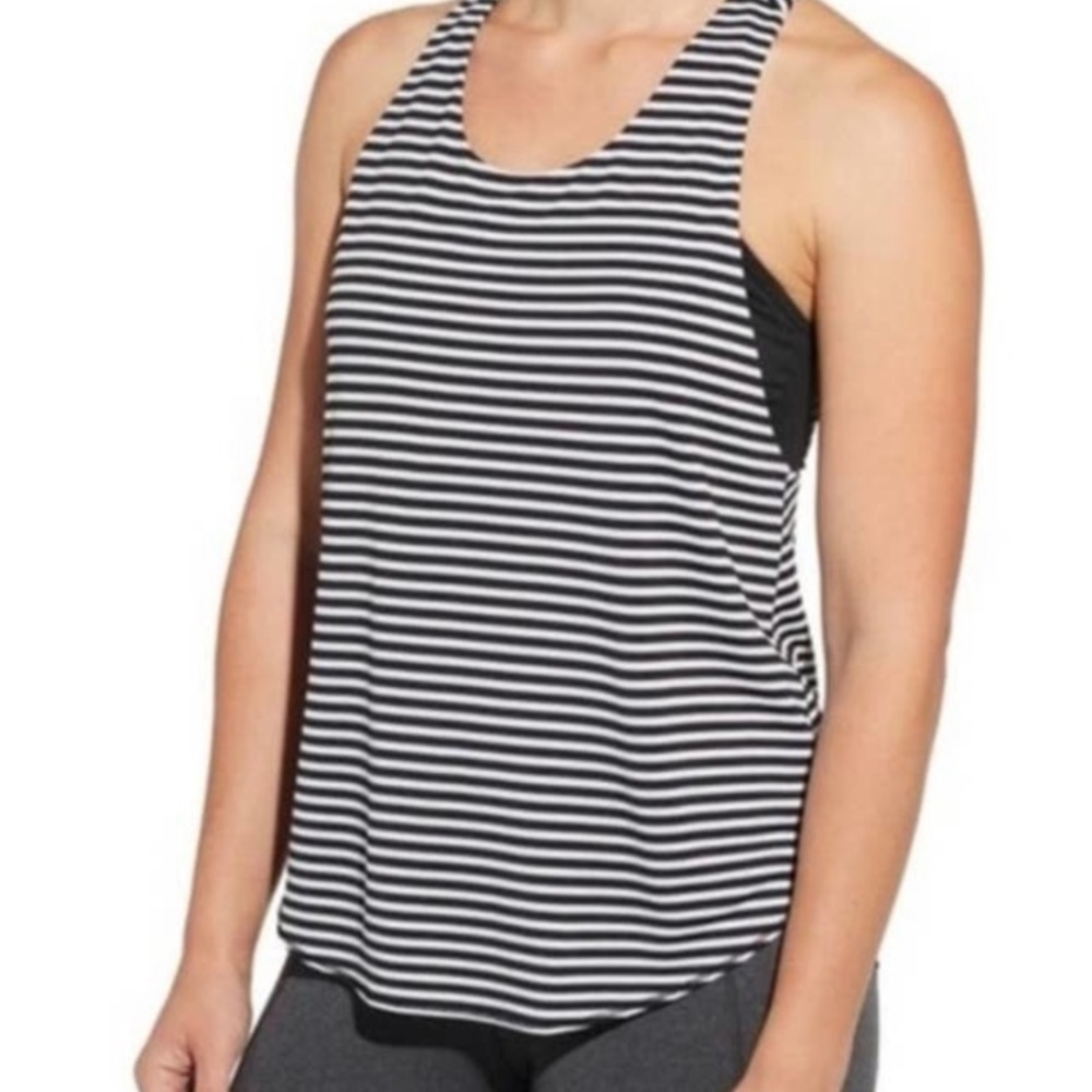 Calia by Carrie Underwood racer back tank top, black & white stripe, XS